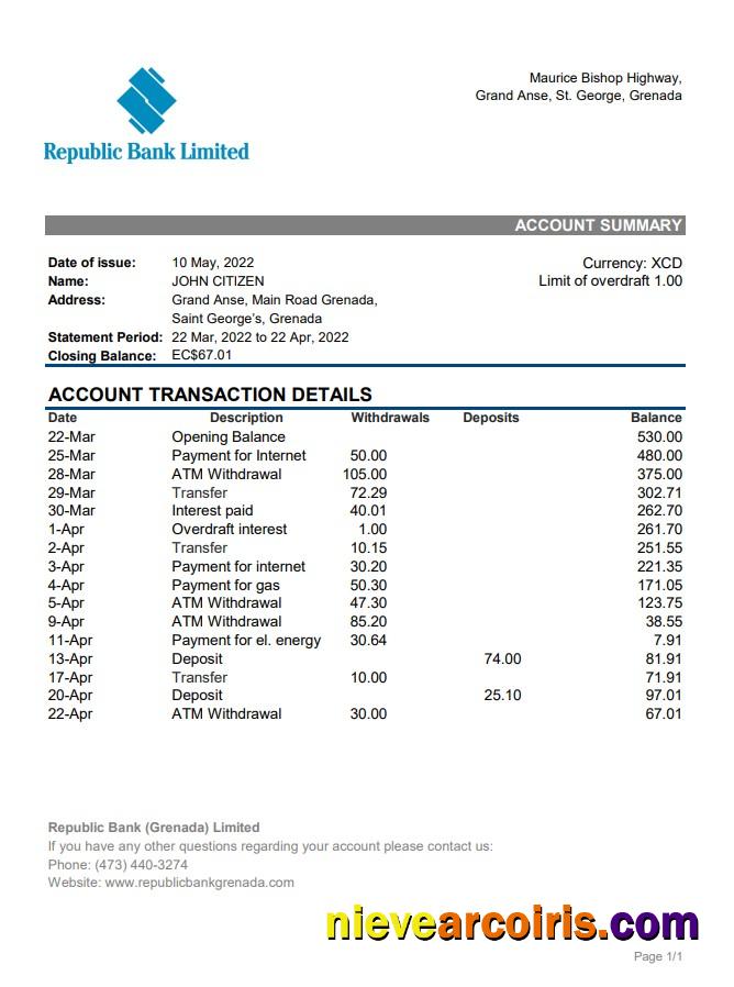 Grenada Republic bank statement